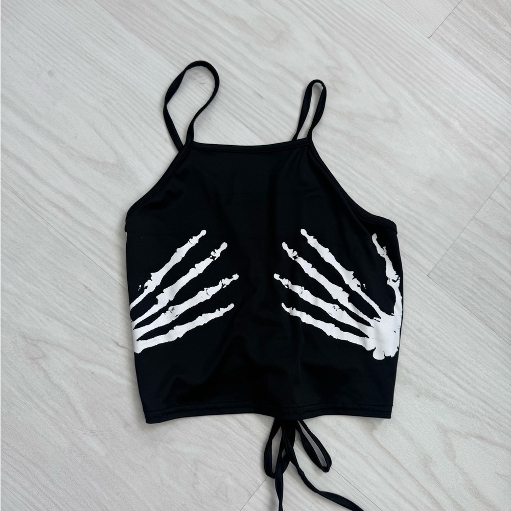 Black Crop Top with Skeleton Hand Design